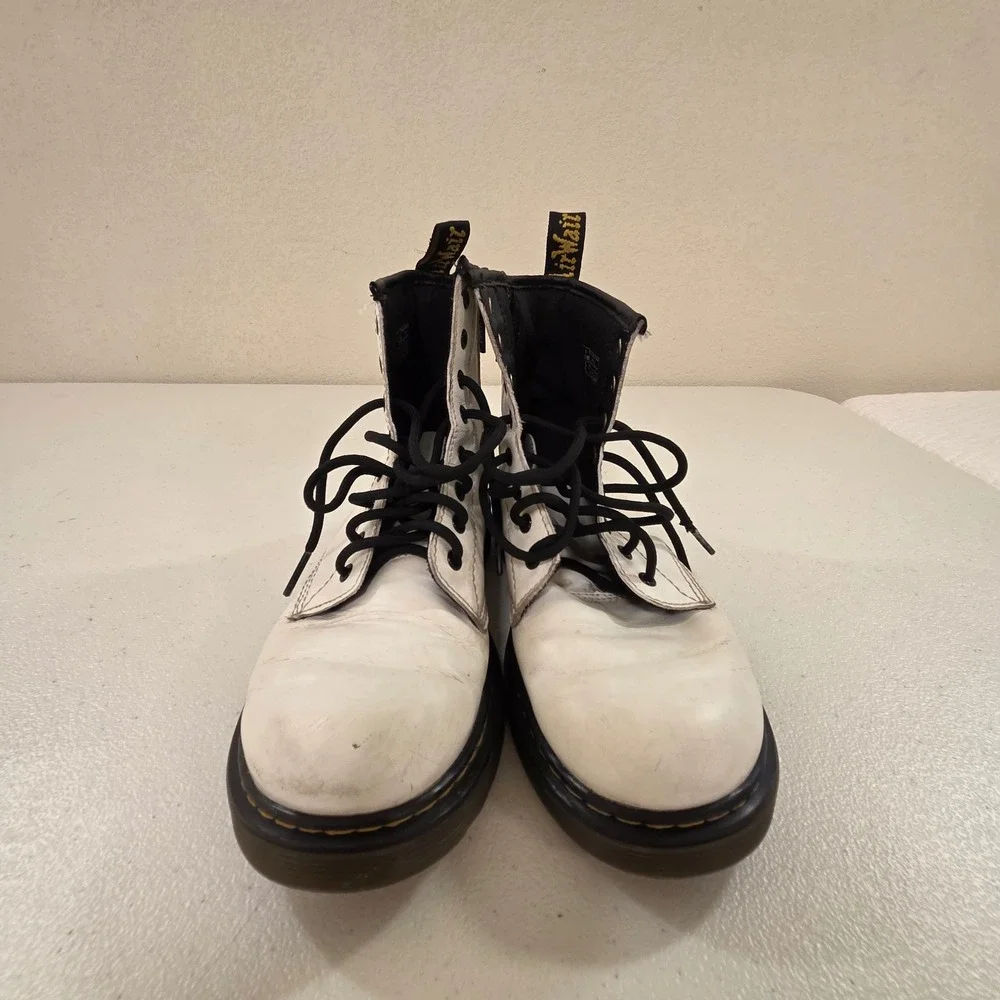 Dr. Martens 1460 J White Leather Lace Up Side Zip Combat Boots US Kids 4 Women 5